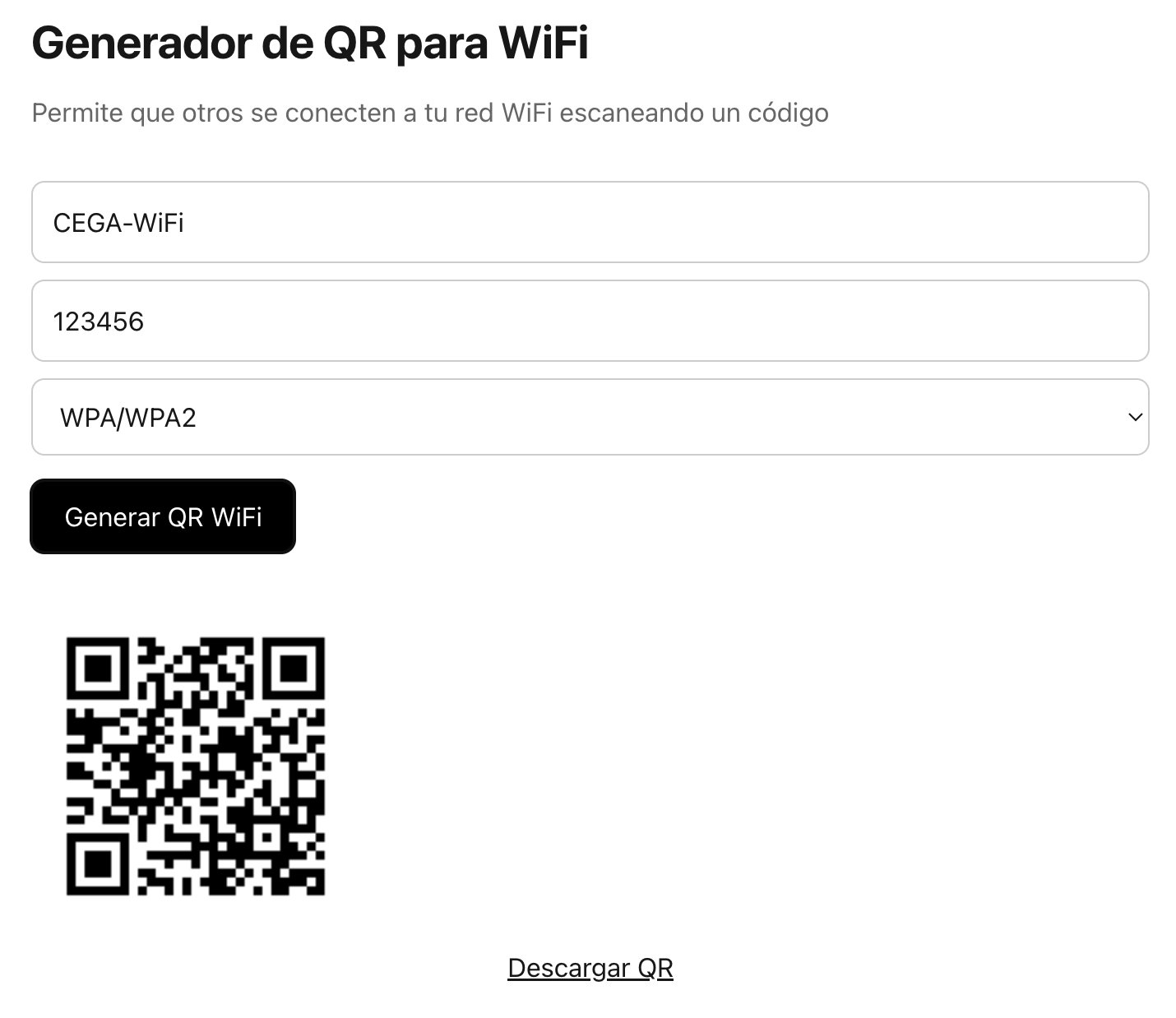 Pantalla principal de QR WiFi